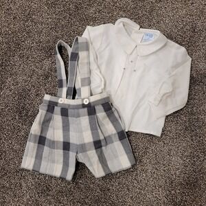 Luli & Me Baby Boys 3M White Button Down Shirt & Plaid Suspenders Shorts Set